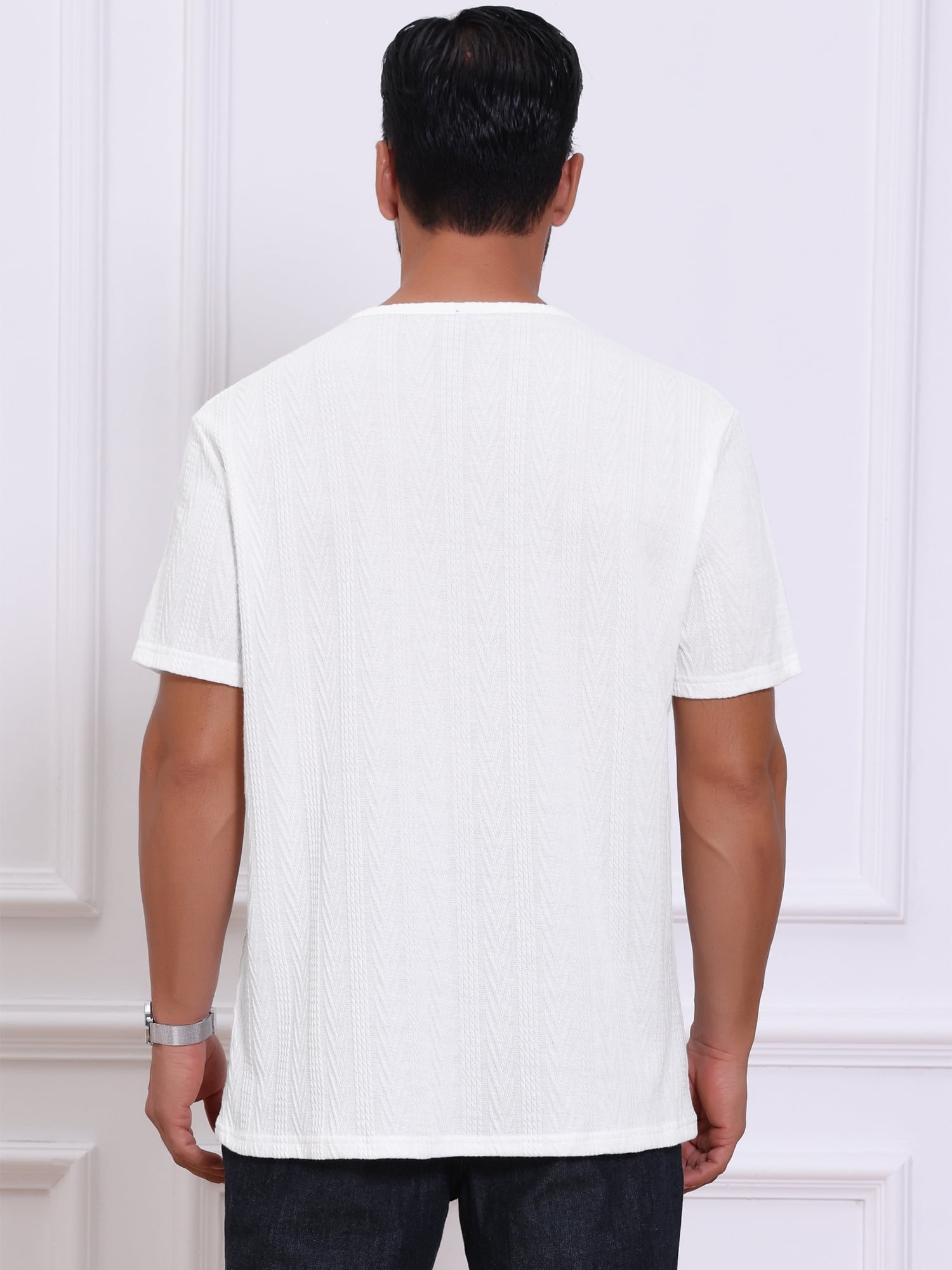 DARING DIVA Men's Henley Short Sleeve Button Down Jacquard Knitted T-Shirt S White