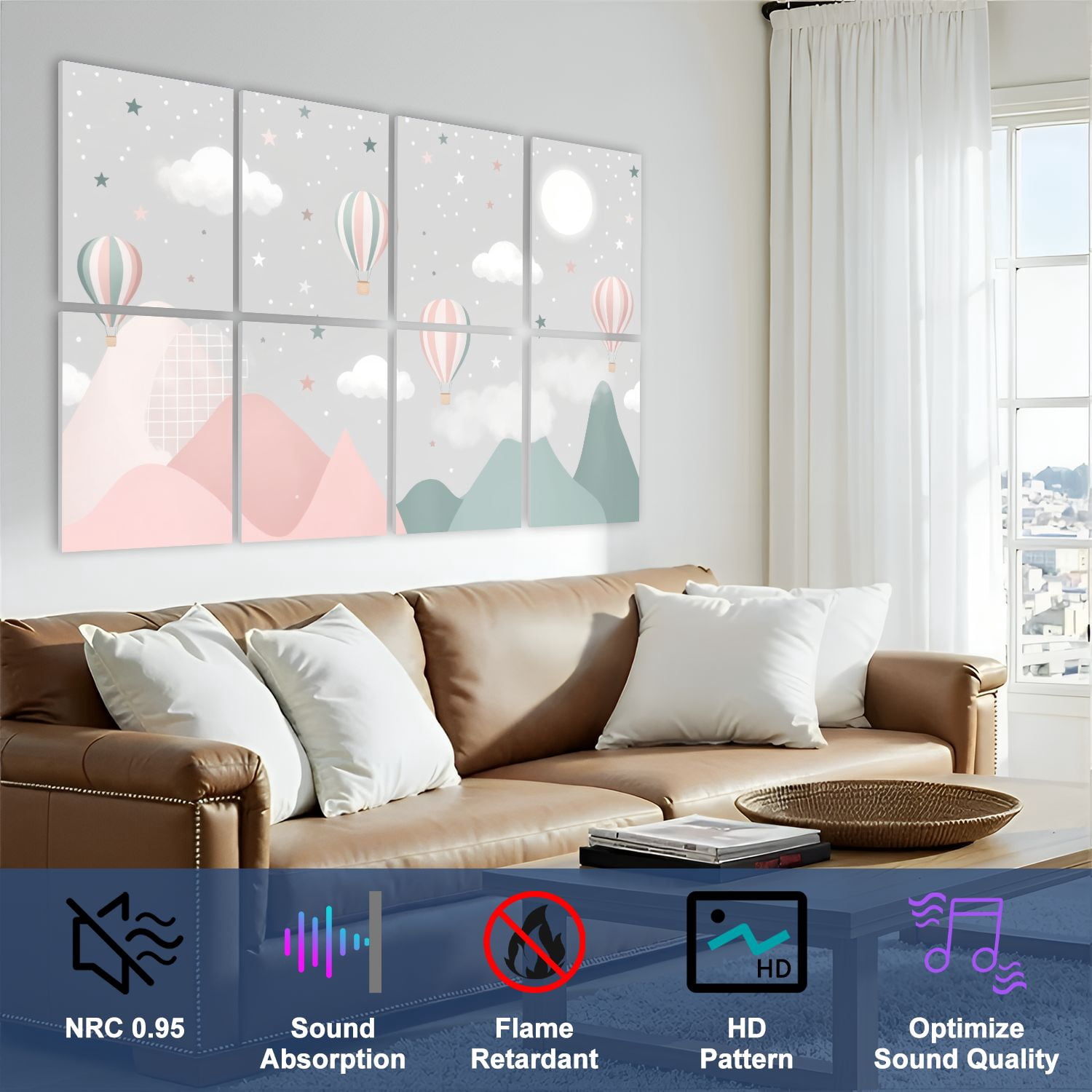 8 Pack Art Acoustic Panels Sound Absorbing Pastel Hot Air Balloons Floating Stylized Mountains Stars Clouds Decorative Soundproof Wall Panels Self Adhesive for Nursery Game Room Bedroom 48"x32"