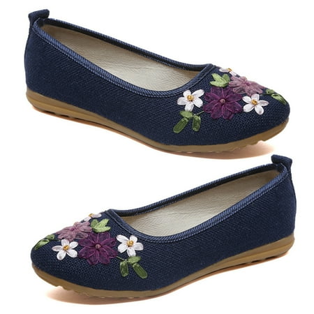 Kitem Vintage Embroidered Women Flats Flower Slip On Round Toe Shoes Loafers Ballerina