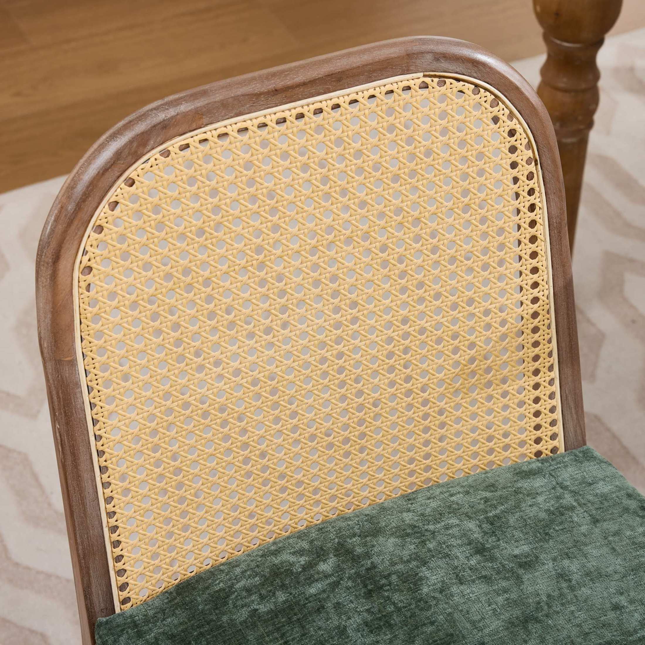 Noble House Set of 2 Dining Chairs, Curved Cane Back, Chenille Upholstered Seat, Olive Green