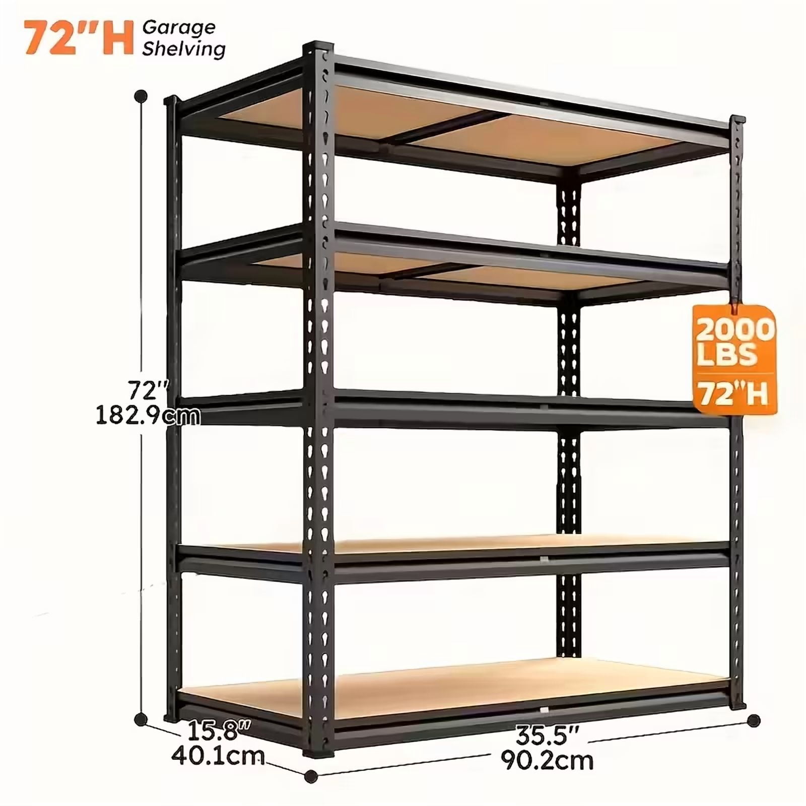 72"H Heavy Duty 5-Tier Metal Shelving Unit, Black, 2000 lbs Capacity – Adjustable Garage Storage Rack for Basement, Pantry & Closet