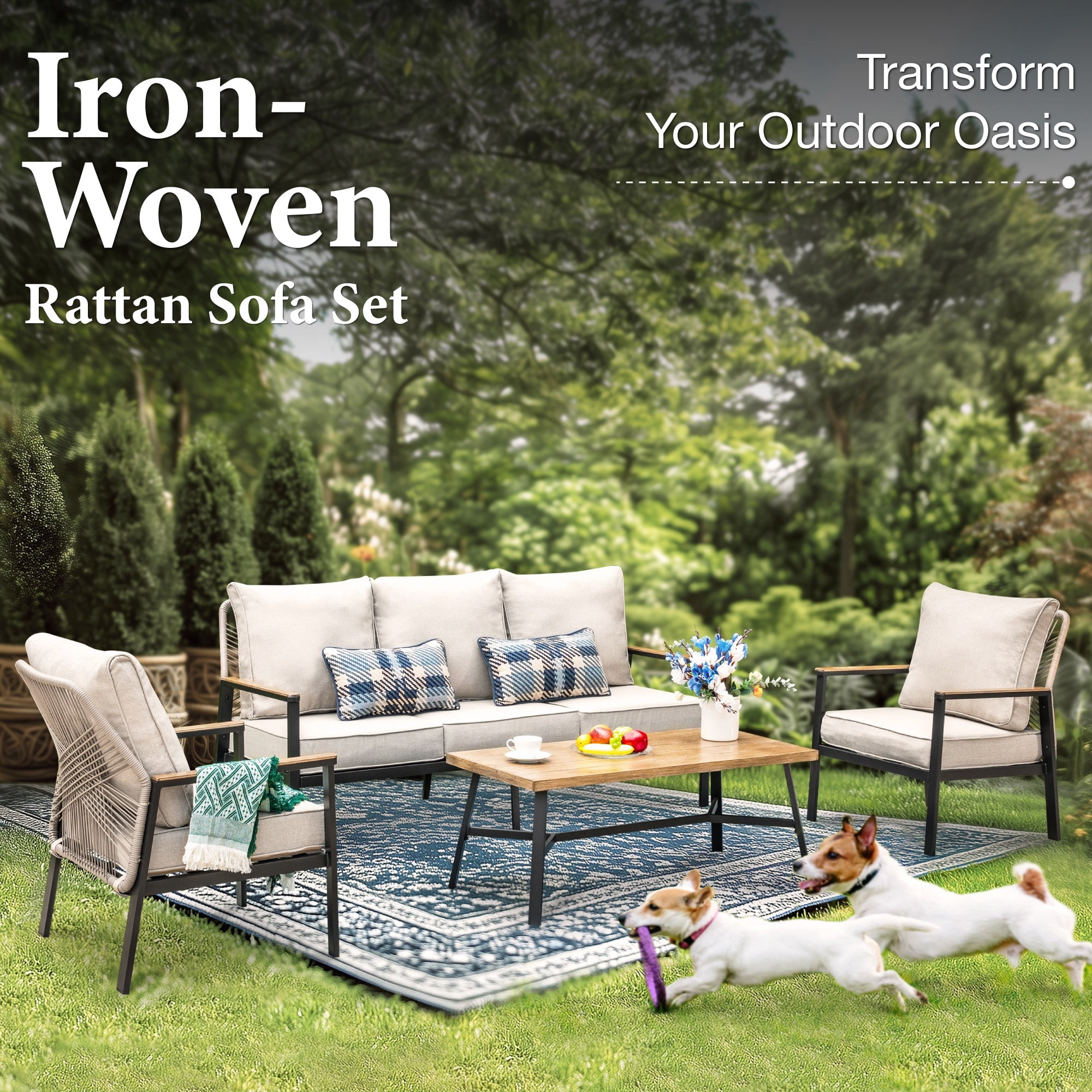 MF Studio Wicker Outdoor Patio Furniture Set, 5-Seat Patio Conversation Set with Coffee Table, PE Rattan Outdoor Sofa Set, Beige
