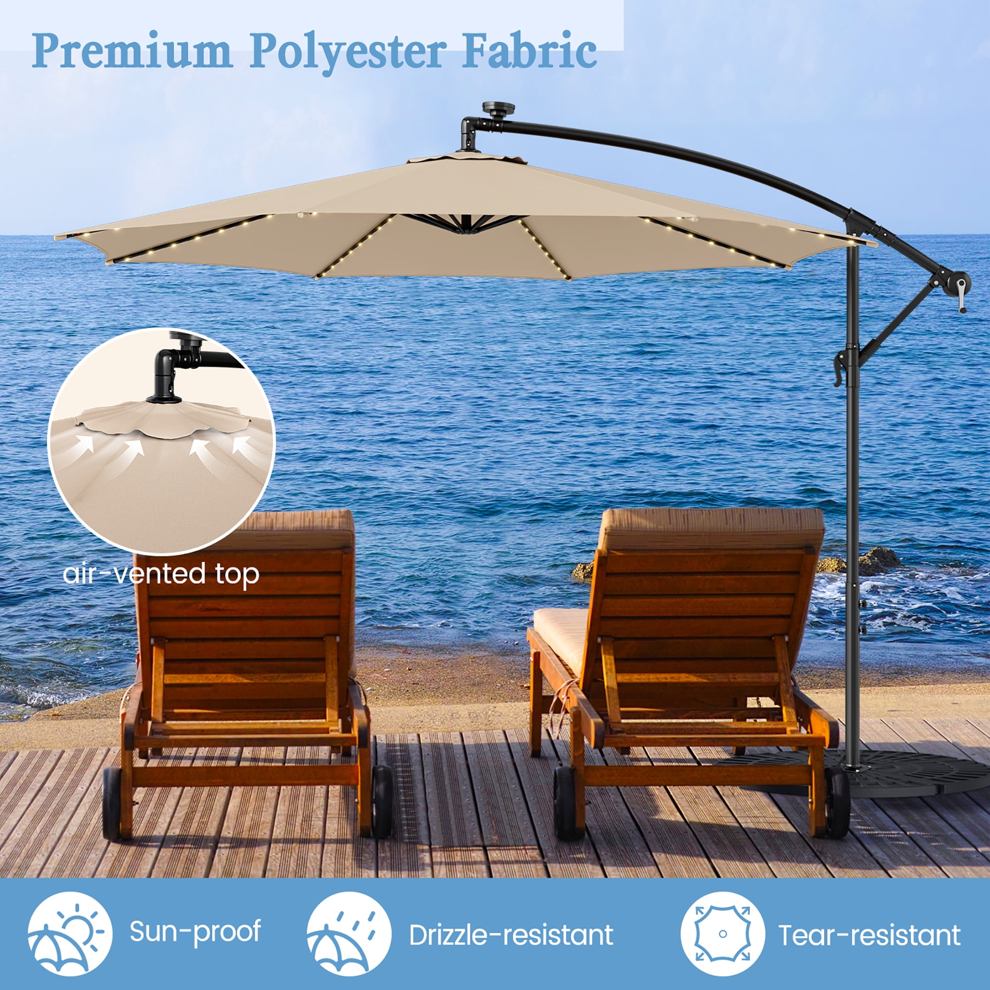 Gymax 10 FT Offset Patio Umbrella Solar Powered Cantilever Umbrella w/ 112 LED Lights Beige