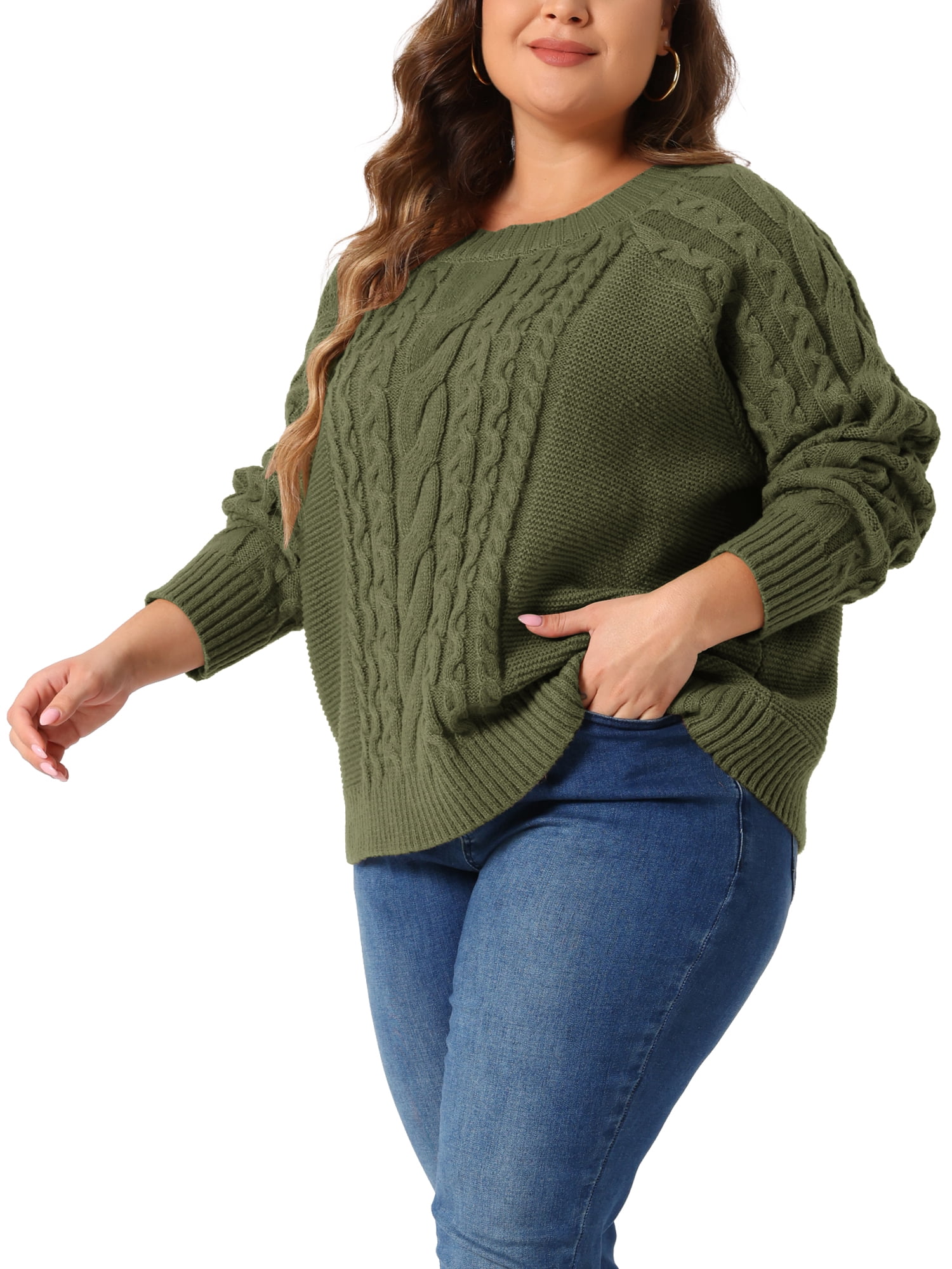 DARING DIVA Women's Plus Long Sleeve Crewneck Fisherman Cable Sweater 3X Army Green