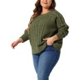 thumbnail image 2 of DARING DIVA Women's Plus Long Sleeve Crewneck Fisherman Cable Sweater 3X Army Green, 2 of 6