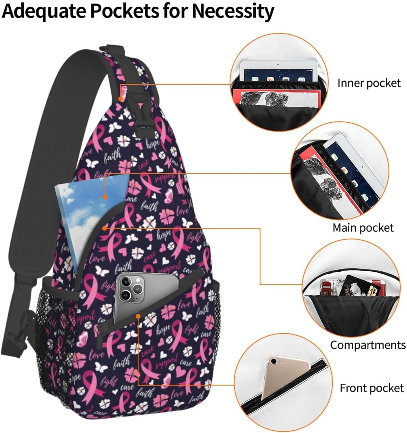 Breast Cancer Awareness Support Faith Love Hope Sling Bag Crossbody Hiking Travel Chest Bags Backpack Shoulder Daypack for Women Men