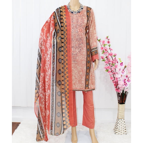 Nazon Brand- Pakistani Lawn | Long Dress | Long Sleeve | Party Were Dress | Lawn | Brown / Red Color