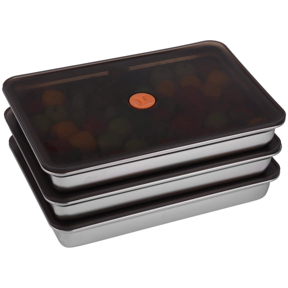 3 Pcs Stainless Steel Food Storage Containers, Stackable Square Dumpling Plate with Clear Lid, Leak-Proof & Space Saving, Ideal for Fridge, Kitchen & Picnic Food Storage