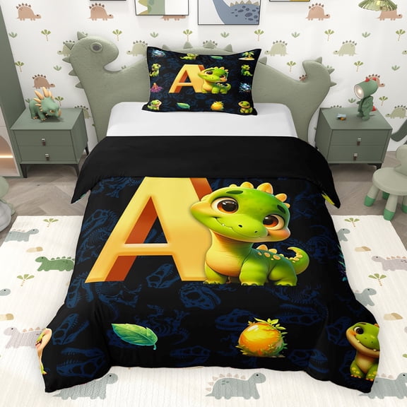Erosebridal Kids Dinosaur Twin Bedding for Boys Girls, Dino Letter A Duvet Cover Set, Black Reversible 2 Pieces, 1 Duvet Cover and 1 Pillowcase (No Comforter)