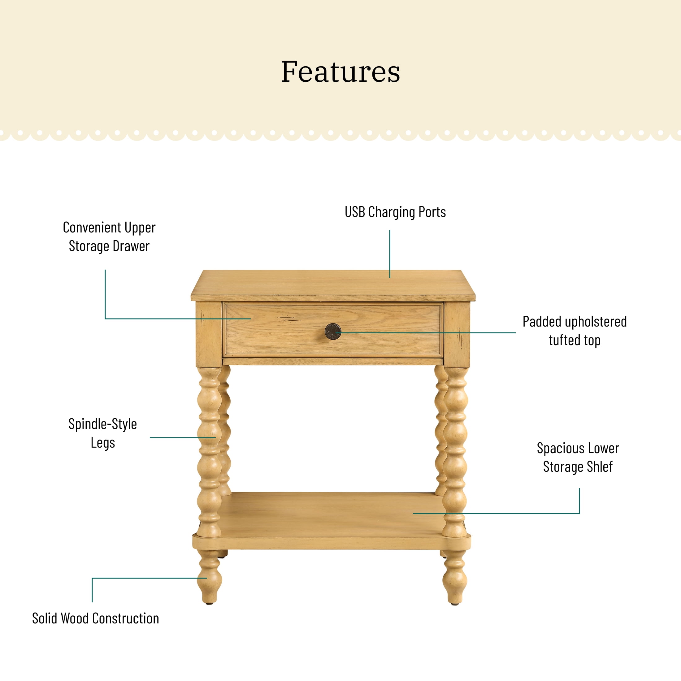 The Pioneer Woman Harper Spindle Nightstand with USB Charging Ports, Adults and Teens, Wheat Finish