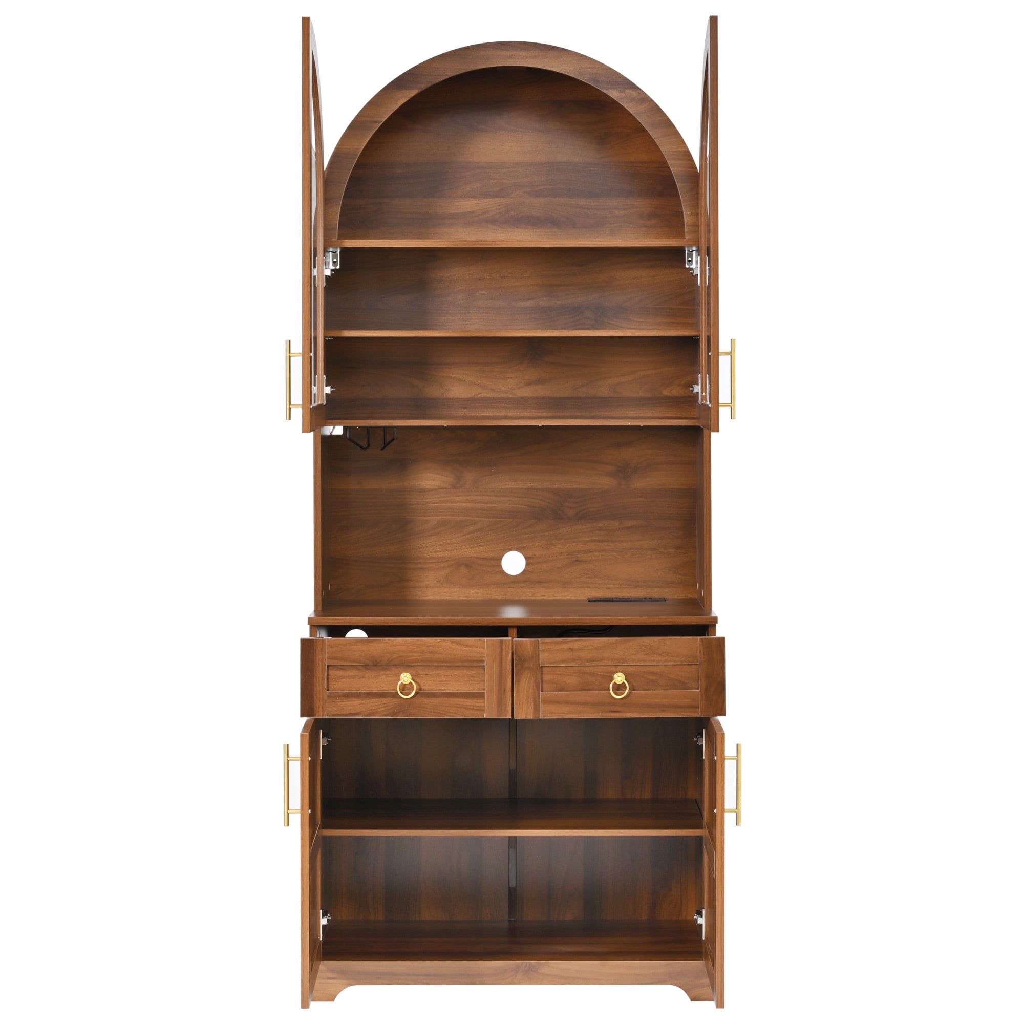 Euroco 74.8" Tall Arched Kitchen Pantry Cabinet,Farmhouse Arched Kitchen Storage Hutch with Glass Doors,2 Drawers,Adjustable Shelves,Power Outlet & LED Light,Freestanding Tall Cupboard,Walnut