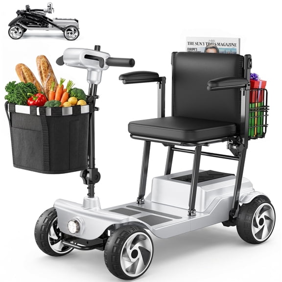 FLYCITY Lightweight 4 Wheels Mobility Scooter, Foldable Portable Motorized Scooters with Removable Lithium Battery for 30 Miles Travel, 330lb Capacity, Silver