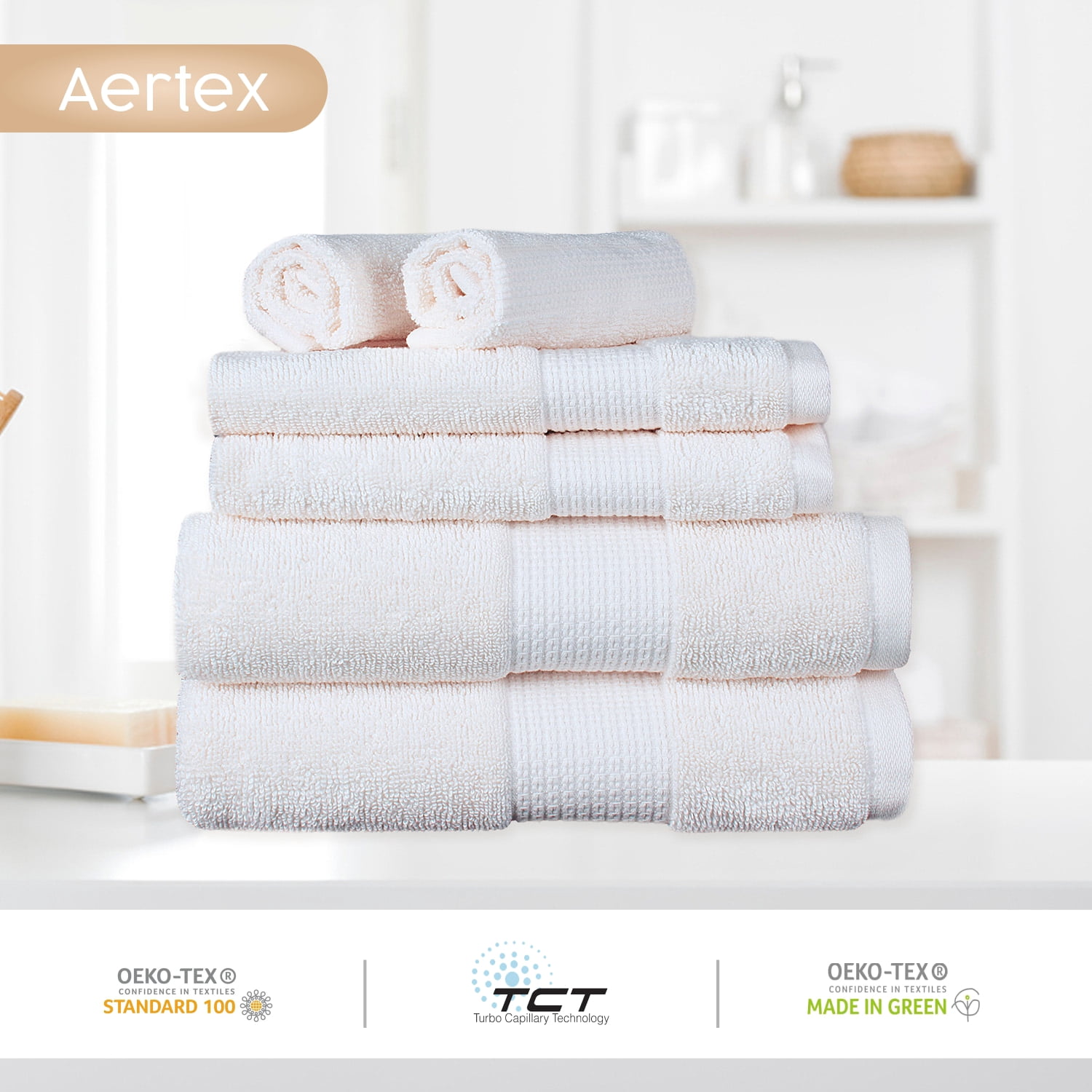 Aertex Stripe 100% Cotton 520 GSM 6 Piece Bath Towel Set, Soft & Absorbent, Quick Dry, 2 Bath 27x54, 2 Hand 16x28, 2 Wash 13x13, White with Dove Gray Stripes, OEKO-TEX® Certified