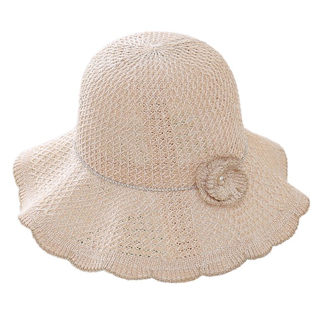Sombrero de pescador con borde ondulado para mujer, gorro de pescador con borde ondulado de 56-58cm de circunferencia, gorro de sol hueco de punto con flores, gorro de lavabo plegable y transpirable