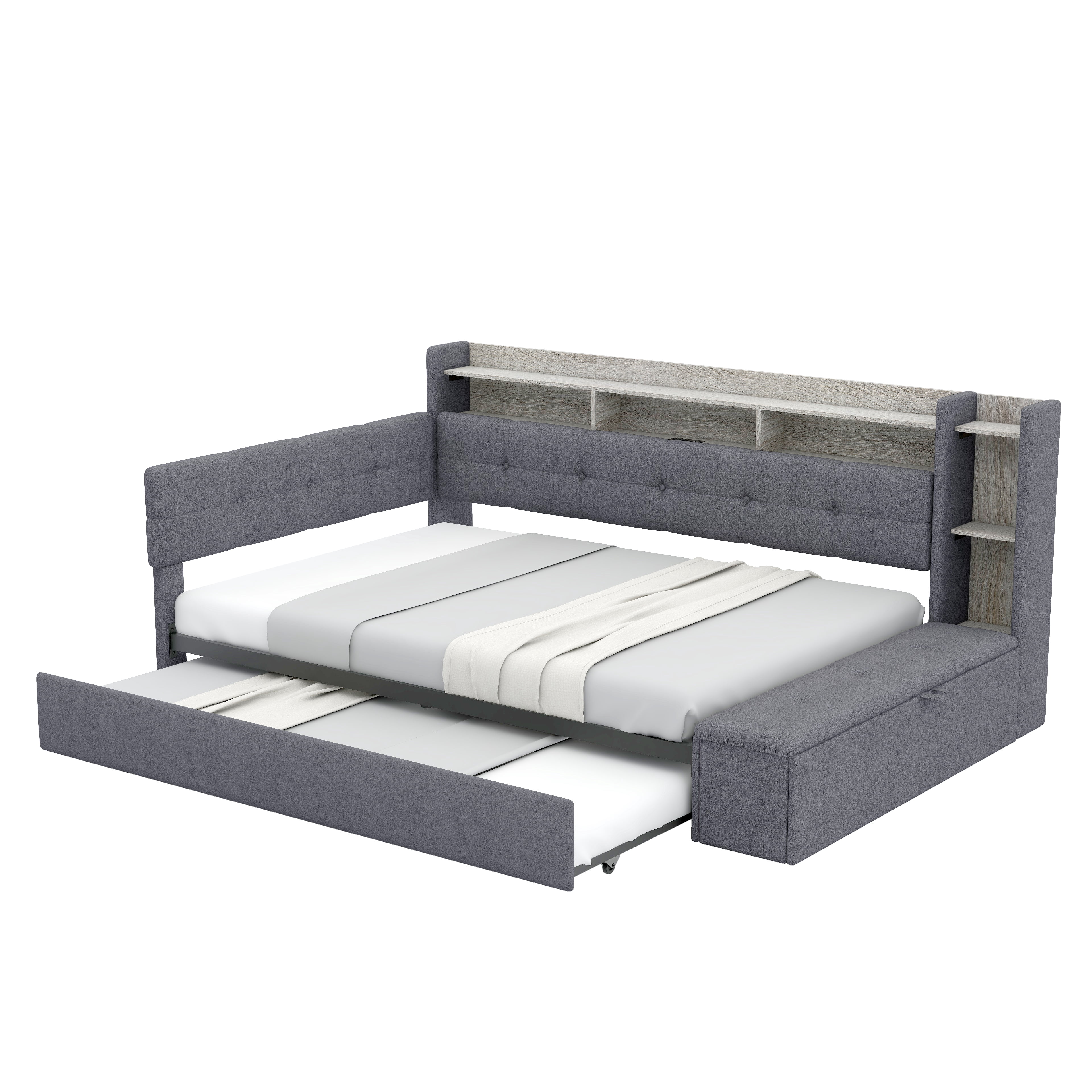 Euroco Upholstery Full Size Daybed with Trundle, Storage Sofa Bed with Footstool and Shelves, LED Light and USB Charging, Grey