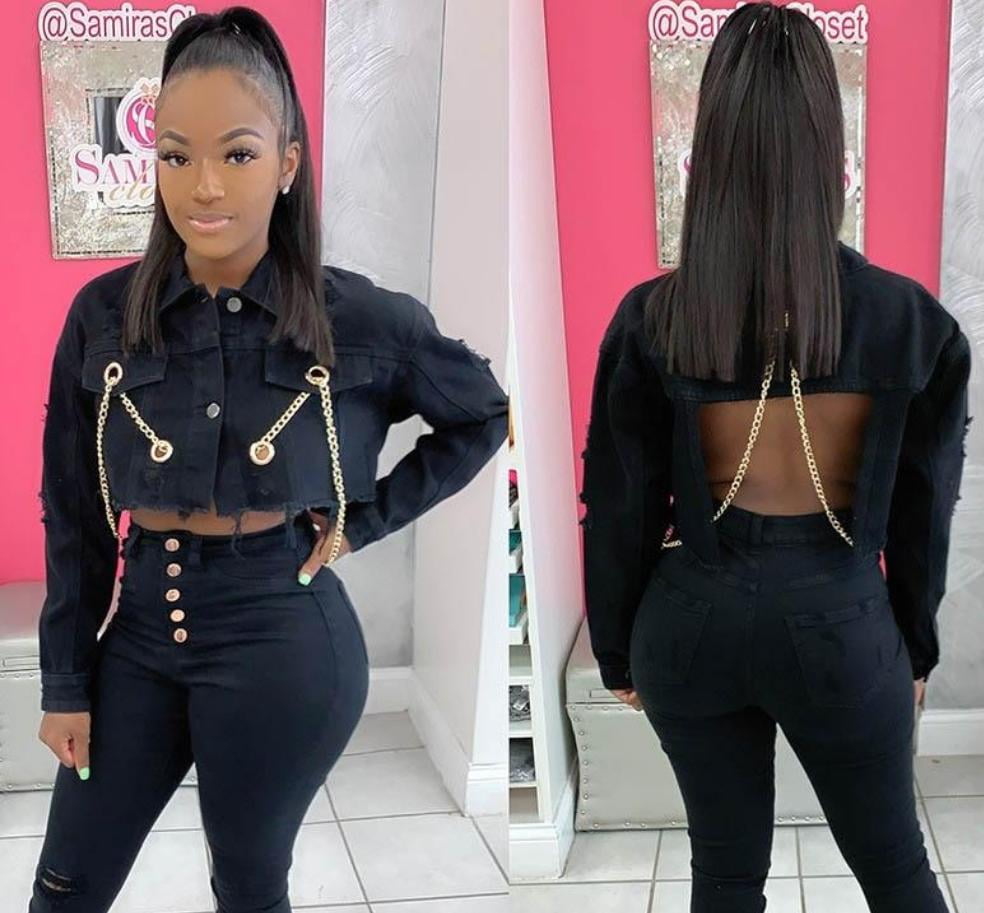 Sexy Backless Chains Denim Jacket