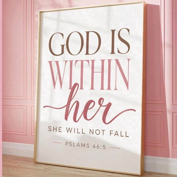 God Is Within Her She Will Not Fall Canvas Wall Art, Psalms 46:5 Bible Verse Print, Pink Christian Scripture Wall Decor, Religious Women Inspirational Canvas