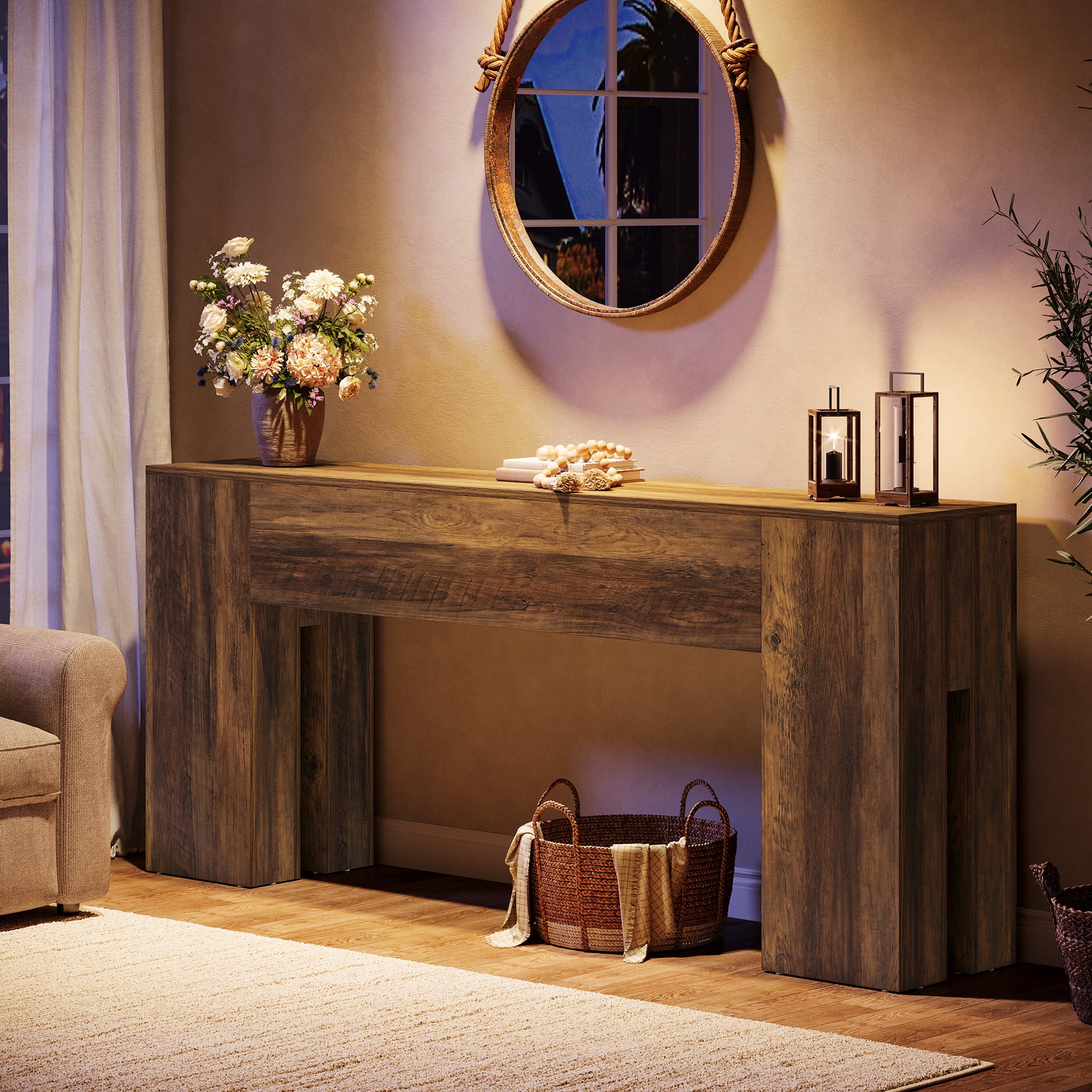 Finmind 71-Inch Long Console Table for Entryway, Farmhouse Sofa Console Behind Couch, Entry Table for Hallway, Foyer, Living Room, Rustic Brown