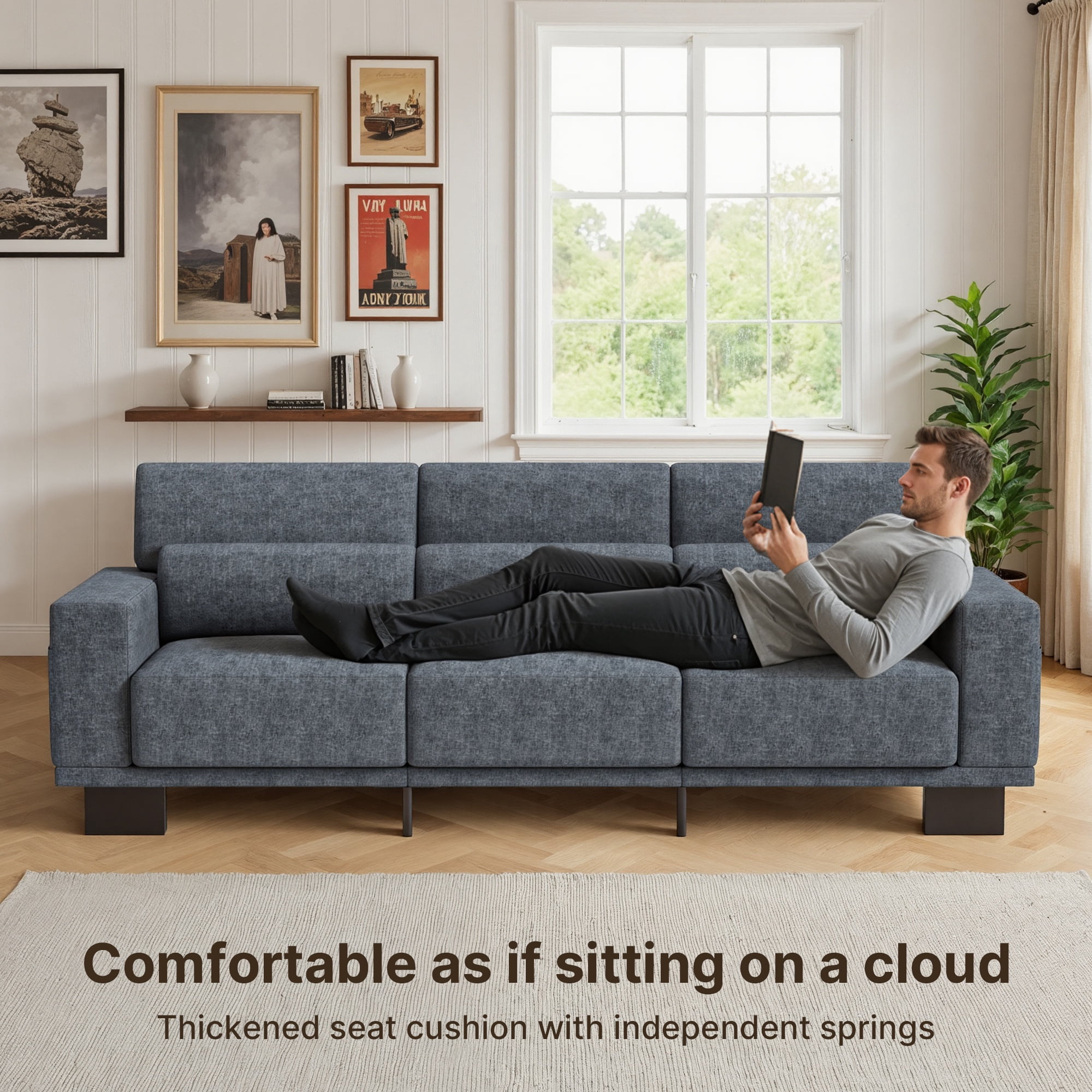 Asofer 89" 3 Seater Sofa Couch,  Comfy Extra Deep Seat with Upholstered  3 Pillows for Living Room, Apartment,Dark Gray