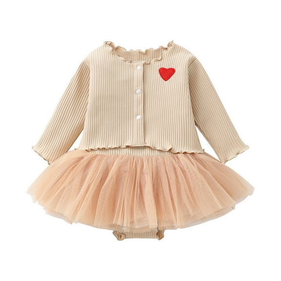 Thetops Baby Girl Outfit Set: Cardigan Tulle Skirt Onesie, Embroidered Heart, Soft Stretchy Fabric, Size 59, Beige, 0-2 Years