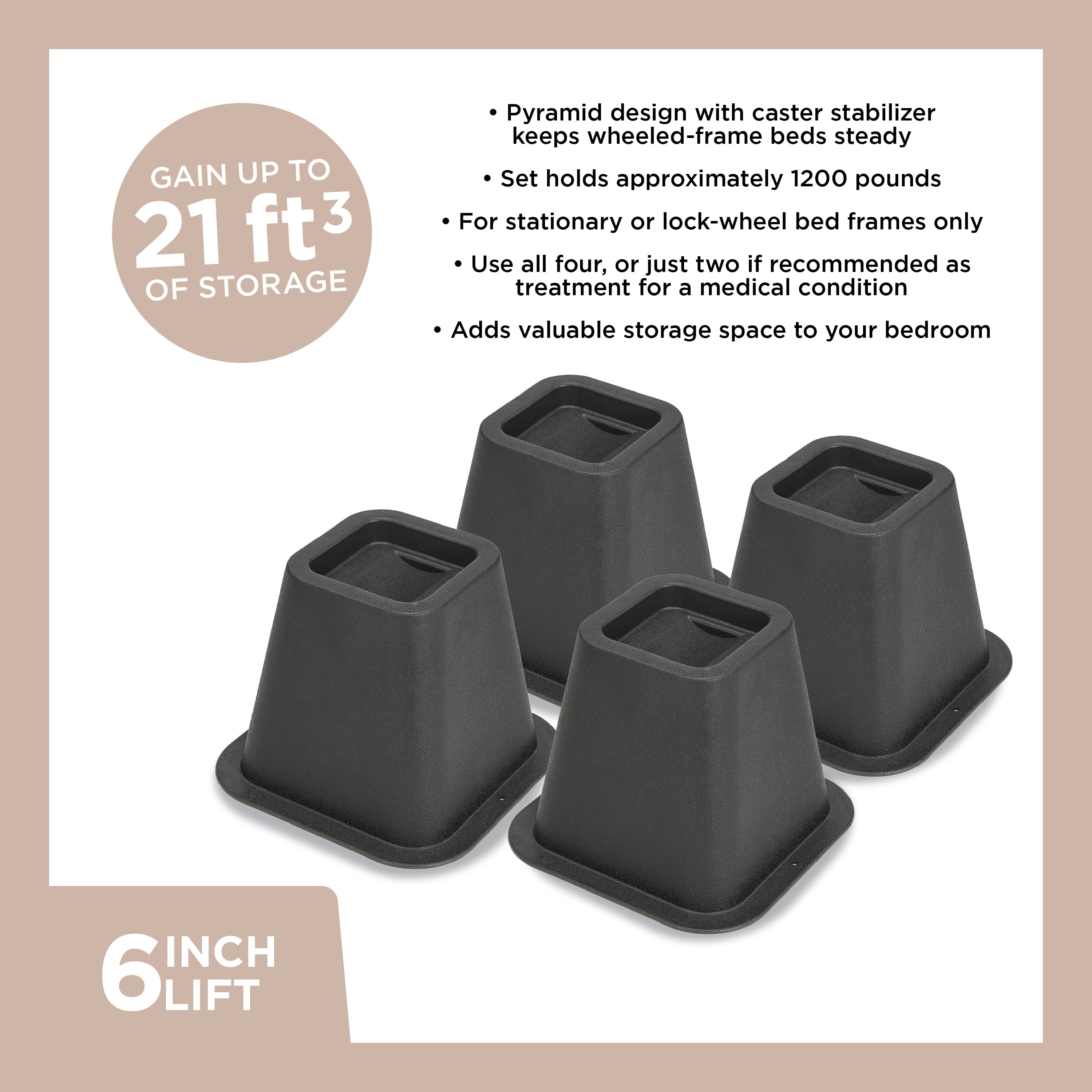 Simplify 6 inch Plastic Bed Risers with Wheel Caster Stabilizer, Black, 2.29 lb