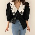 thumbnail image 3 of Camisa de mujer Verano Bordado Solapa Manga abullonada Blusa Retro Top, Negro, XL Yuarrent AP001497-08B, 3 of 7