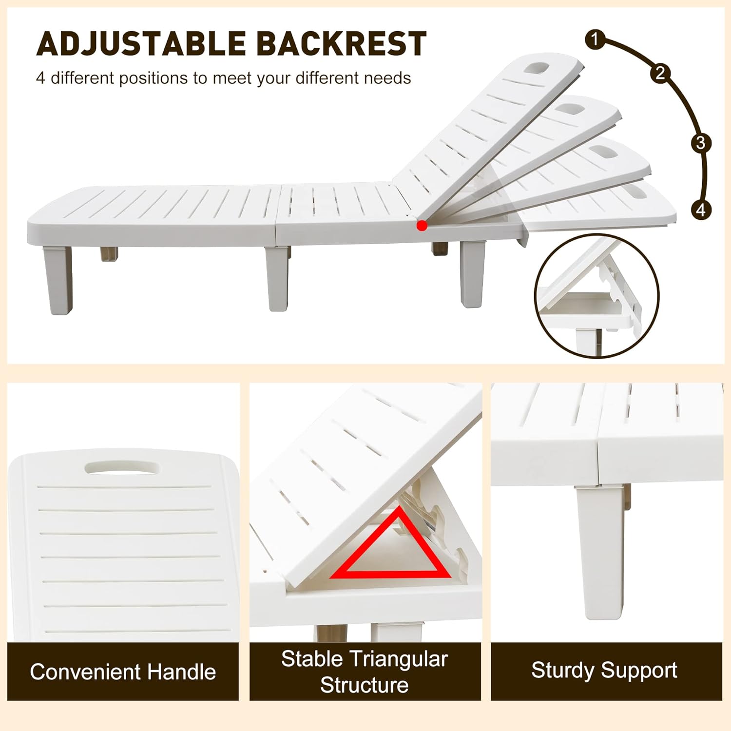 White Patio Lounge Chairs, Outdoor Chaise Lounge with Tray, Adjustable Backrest, Easy Assembly Waterproof Plastic Pool Chaise Lounge, Lightweight for Poolside, Beach, Patio,Yard