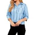 thumbnail image 3 of Xuanfei Women Stripe Lapel Collar Button Up Half Sleeve Split Hem Top, 3 of 8