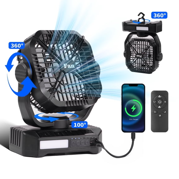 SaveJoy Camping Fan, Rechargeable Travel Fan with LED Lantern & RC, 8000mAh Battery Operated Fan for Outdoor,  Fishing, Picnic