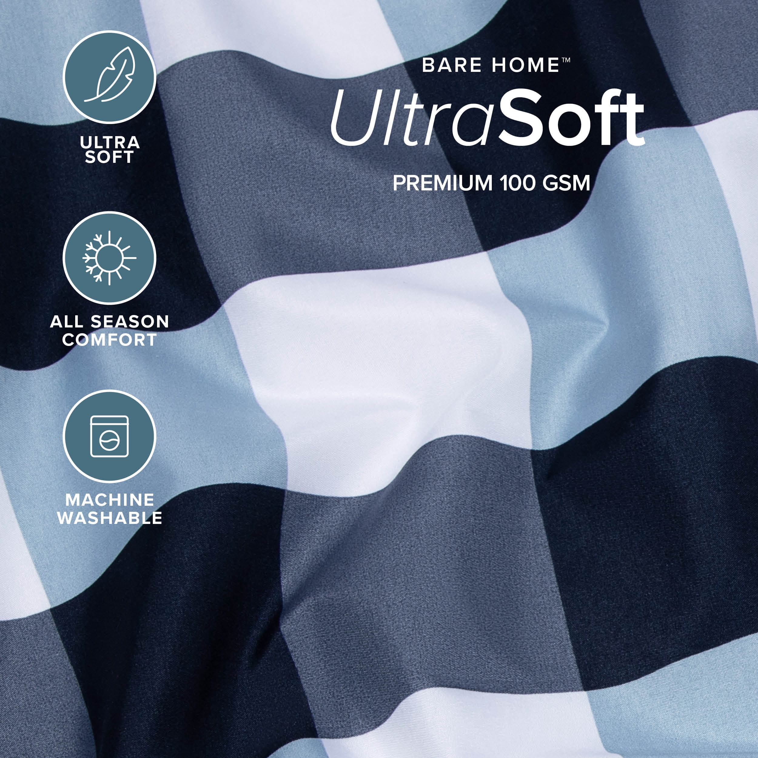 Bare Home Ultra-Soft Sheet Set - Premium 1800 Collection - Deep Pockets - 4-Pieces - King, Gingham Blue