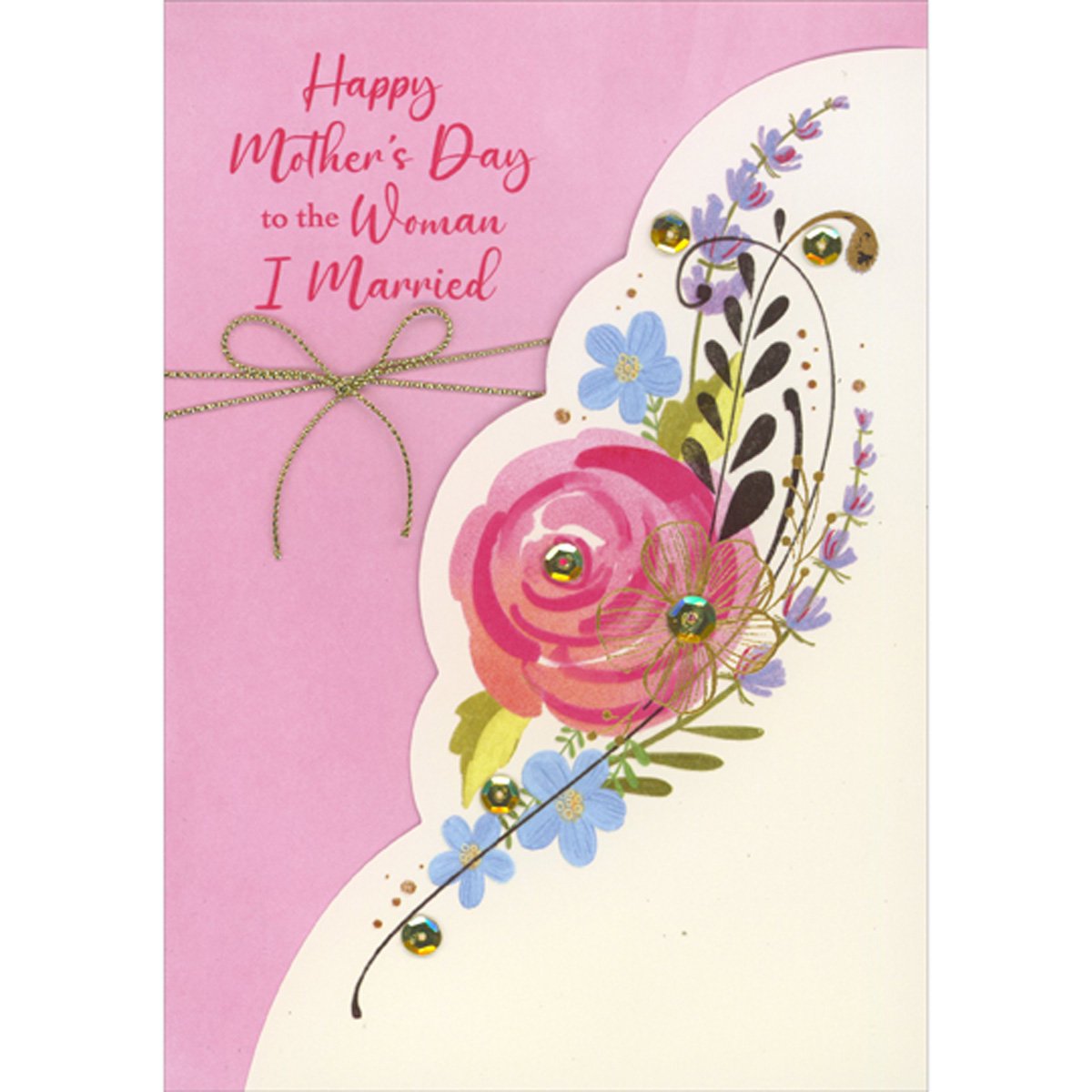 Designer Greetings Large Pink Rose and Floral Swag on 3D Die Cut Panel Sequins and Gold Cord Hand Decorated Mother s Day Card for the Woman I Married