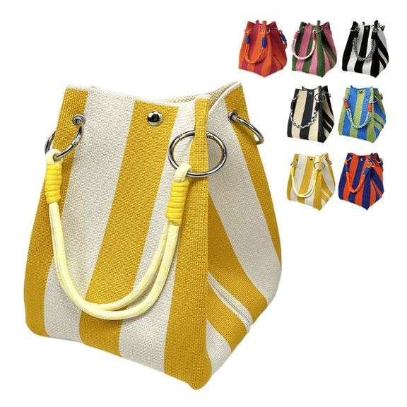 Boho Woven Knit Bucket Handbag Women Striped Summer Beach Shoulder Bag Lightweight Travel Tote Purse