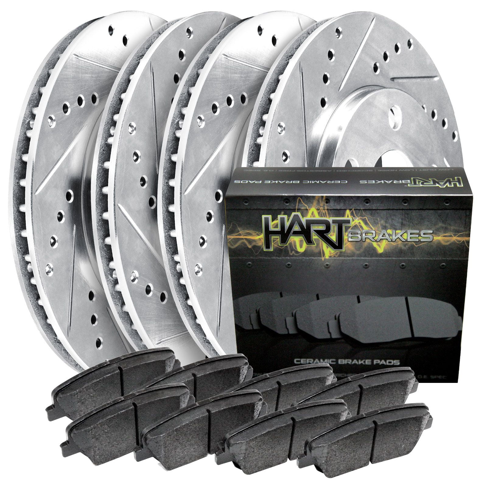 Ceramic Brake Pads Hart Brakes Front Rear Silver Drilled/Slotted Brake Rotors 