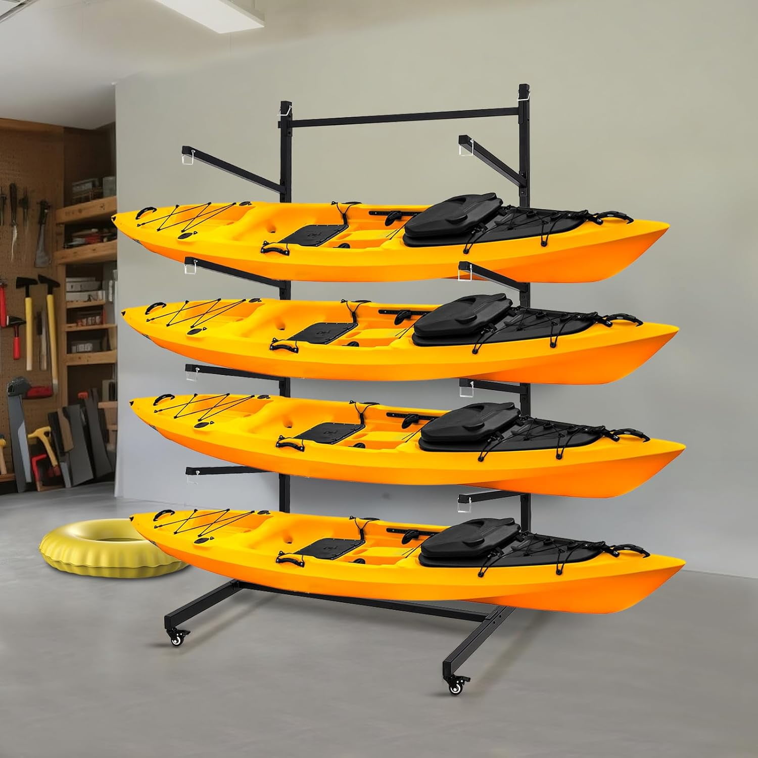 Kayak Storage Rack, Widen & Lengthen Freestanding Kayak Stand with Wheels for Kayak, Canoe, Surfboard, Paddleboard, Heavy Duty Kayak Racks for Garage and Outdoor Storage， 4 layers