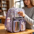 thumbnail image 3 of Transparent Backpack for Women Men, Clear PVC Bookbag Stadium Approved Heavy Duty School Bag with Reinforced Shoulder Straps - Spacious Travel Daypack for Students Teens Adults, Concert, Work, Purple, 3 of 7