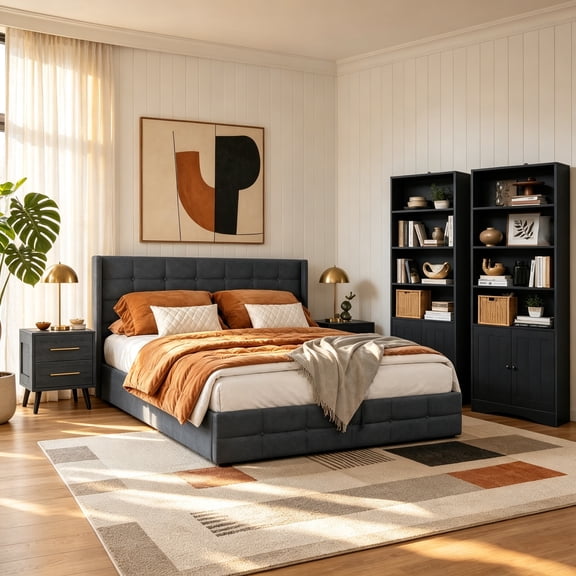 5 Piece Queen Bedroom Set - Gizoon Upholstered Platform Bed Frame, 2 Black Lighted Nightstands and 2 White Bookshelves, Modern Home Collection