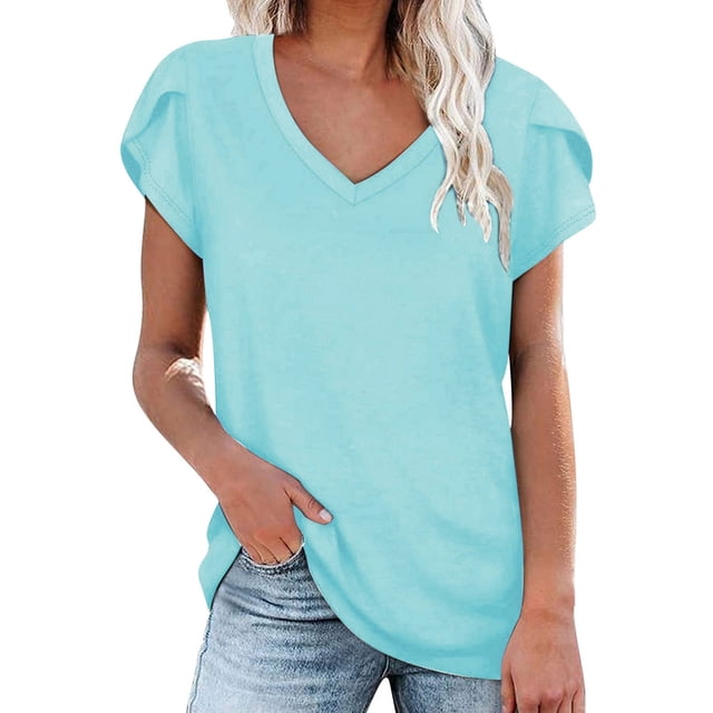 Pompotops T-shirt Blouse Décontractée à Manches Courtes Col en V pour Femmes Été