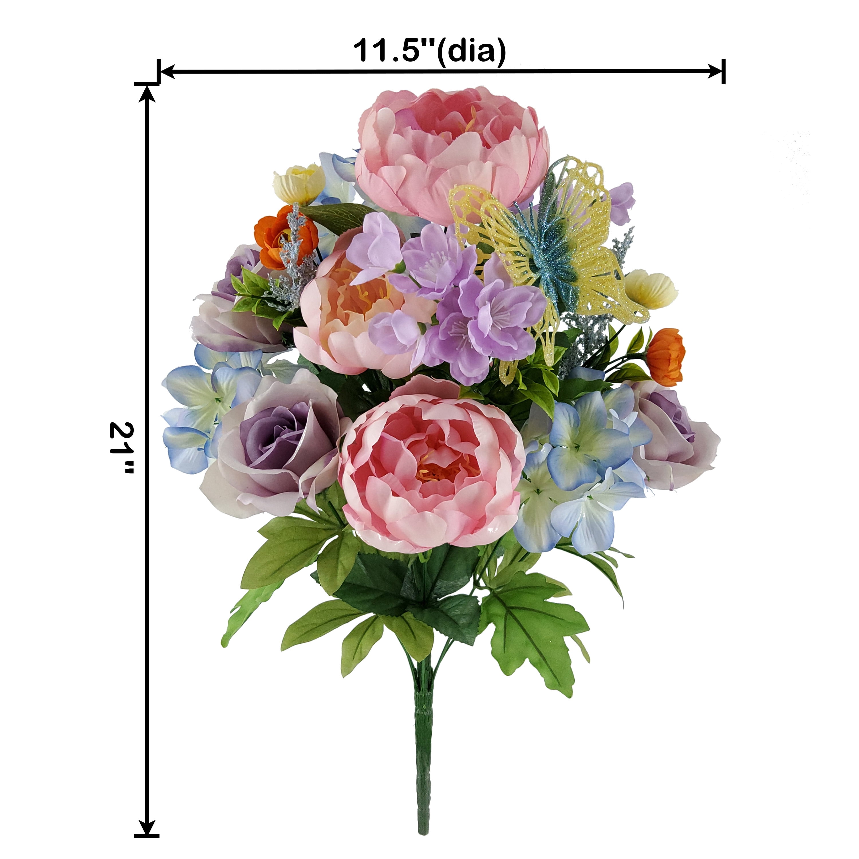Mainstays 21in Indoor and Outdoor Artificial Mixed Butterfly Bouquet, Pink Peony & Purple Rose.