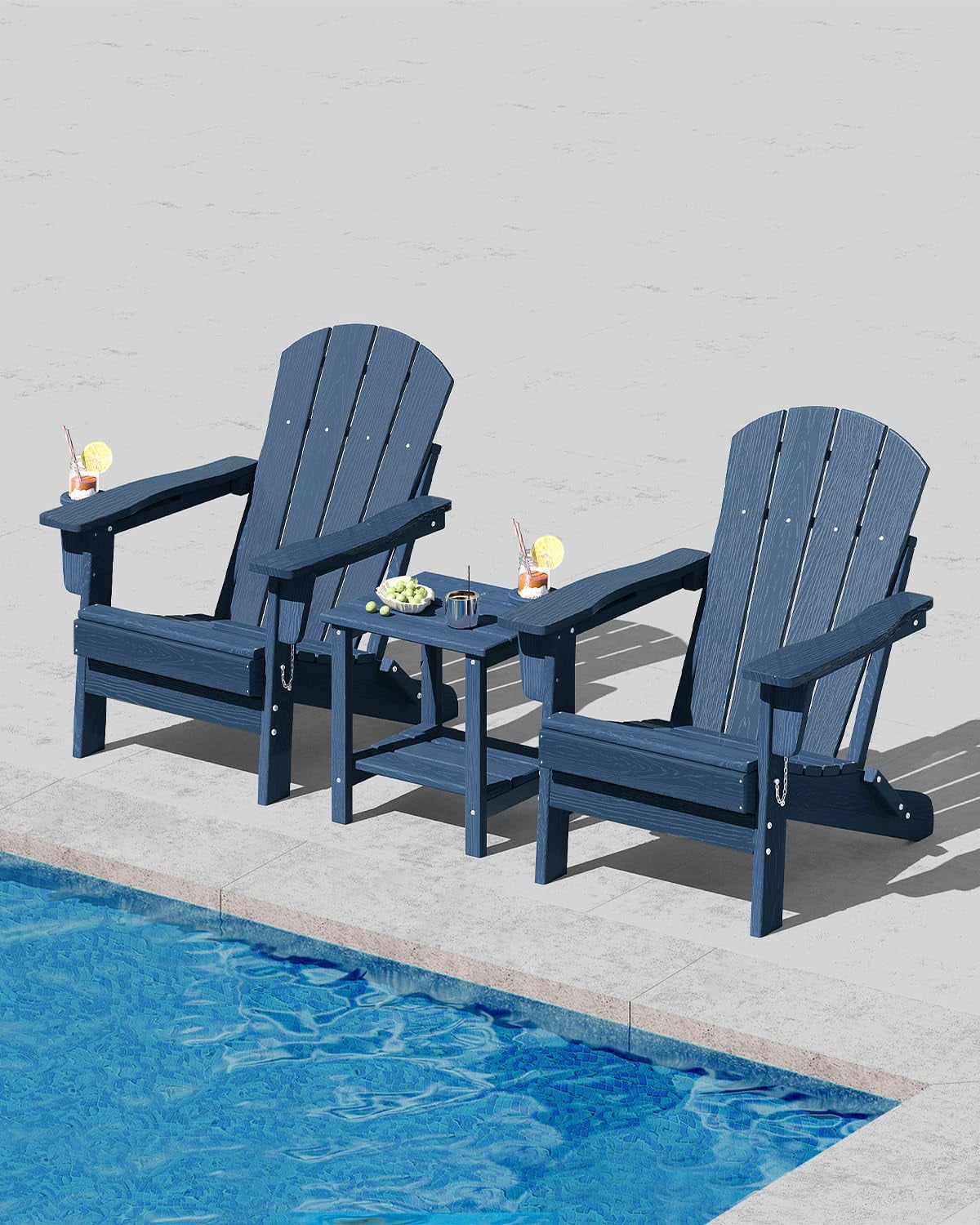 Folding Adirondack Patio Chair, All-Weather HDPE Outdoor Chair with Wooden Texture and Cup Holder, Weather Resistant, Lawn Chair for Garden, Deck, Fire Pit, Navy Blue