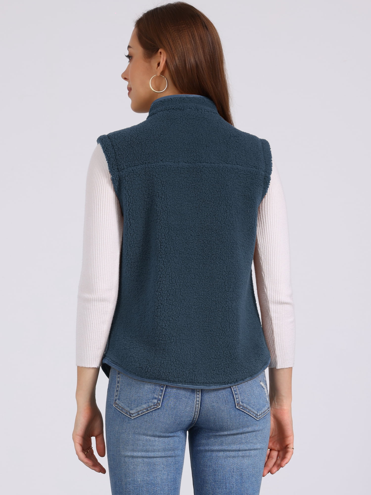 DARING DIVA Women's Fleece Button Down Jacket with Pockets Oversized Fuzzy Vests XS Dark Blue