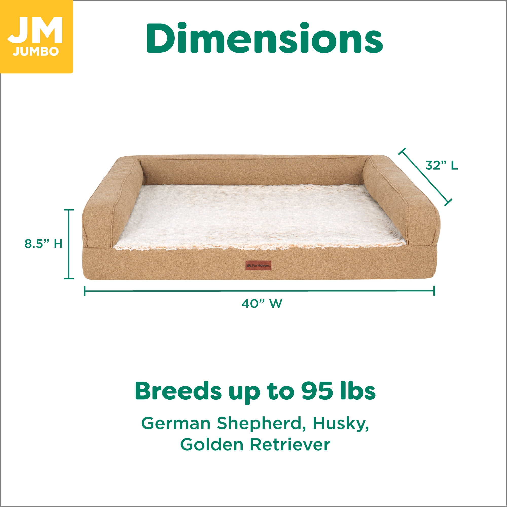 FurHaven Jumbo (32"x40") Orthopedic Dog Bed – Birch Faux Fur & Soft Faux Linen Modern Sofa Pet Bed, CertiPUR-US Foam, Removable Washable Cover, Nutmeg