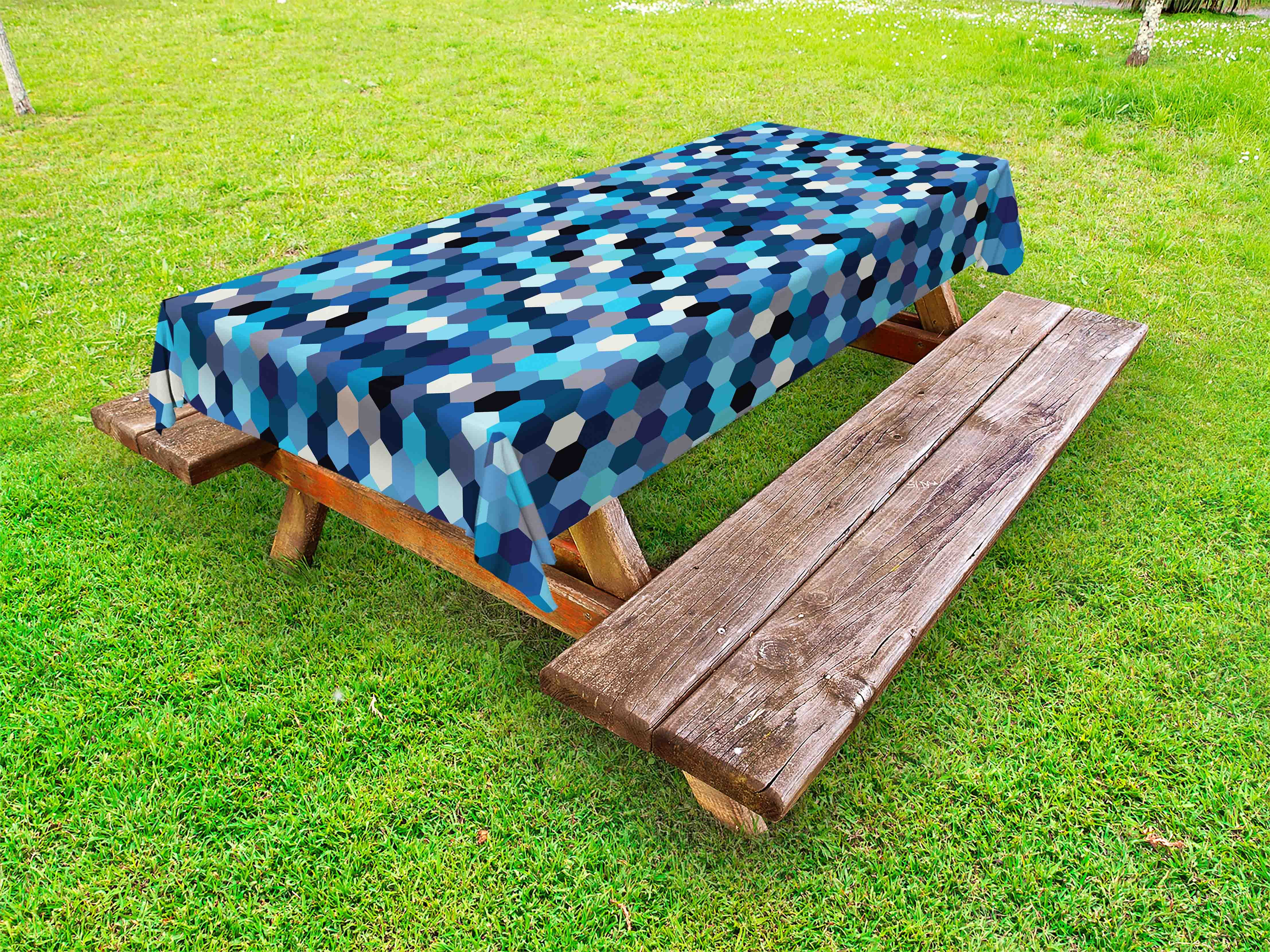 Abstract Outdoor Tablecloth, Like Rectangular Blurry Geometrical Image in Blue Tones and