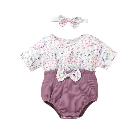 

LisenraIn Baby Girls Jumpsuit Set Floral Print Short Sleeve Patchwork Shorts Romper with Bow Summer Toddler Outfits