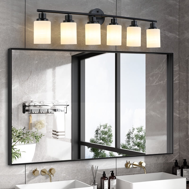 39" Modern Black Vanity Light, 6-Light Bathroom Wall Sconce with Frosted Glass Shades, Wall Mount Lighting for Mirror or Hallway (No Bulbs)