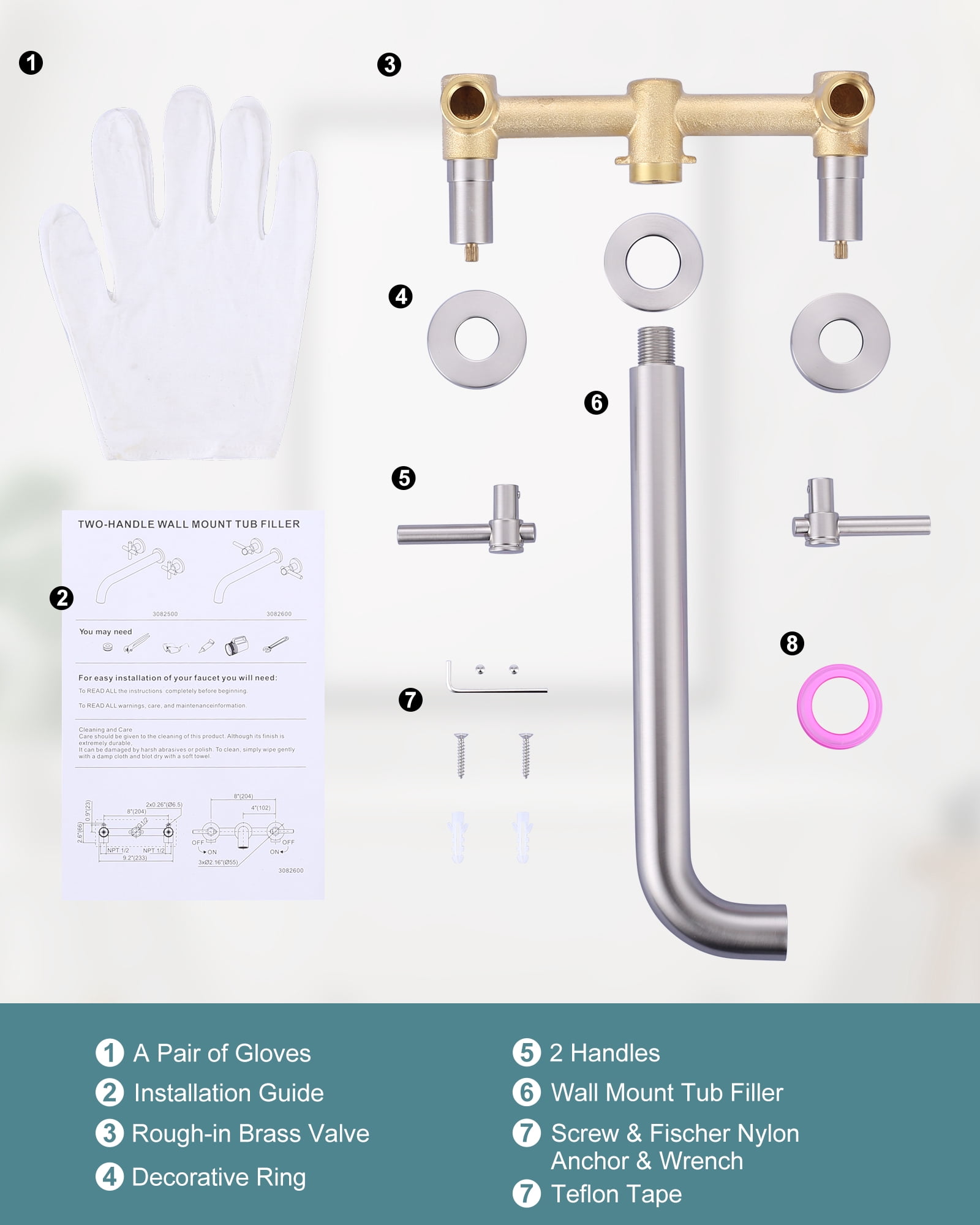 Wowow Wall Mount Tub Filler Faucets,High Flow Wall Mounted Bathtub Faucet with Two Handles and 12" Long Spout, Brushed Nickel