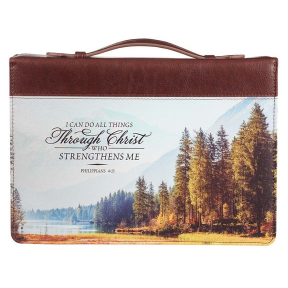 Brown Faux Leather Classic Bible Cover I Can Do All Things Philippians 4:13 Scenic Nature Bible Case Book Cover for Men/Women, Medium