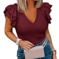 thumbnail image 2 of Solid Color V-Neck Women Slim Fit Ruffle Shirt Tops, 2 of 4