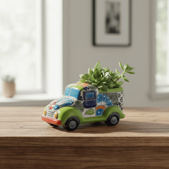 Hand-Painted Talavera Car Planter | Colorful Ceramic Car Statue (Small)
