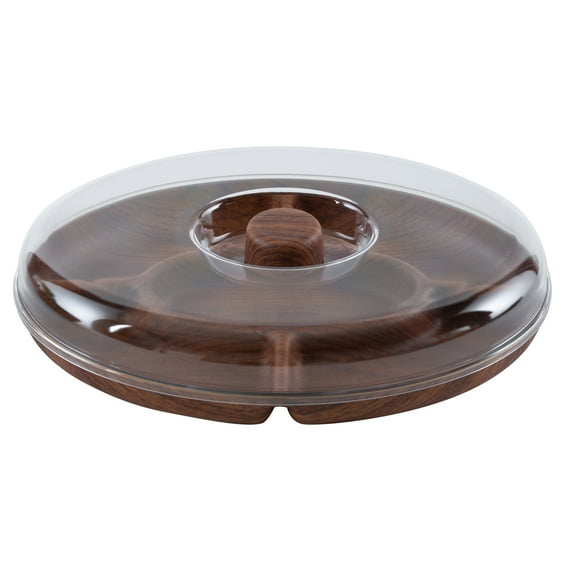 Luxe Party Wood Look 5 Section Oval Serving Tray with Cover, 8.8"x 11.8", Brown