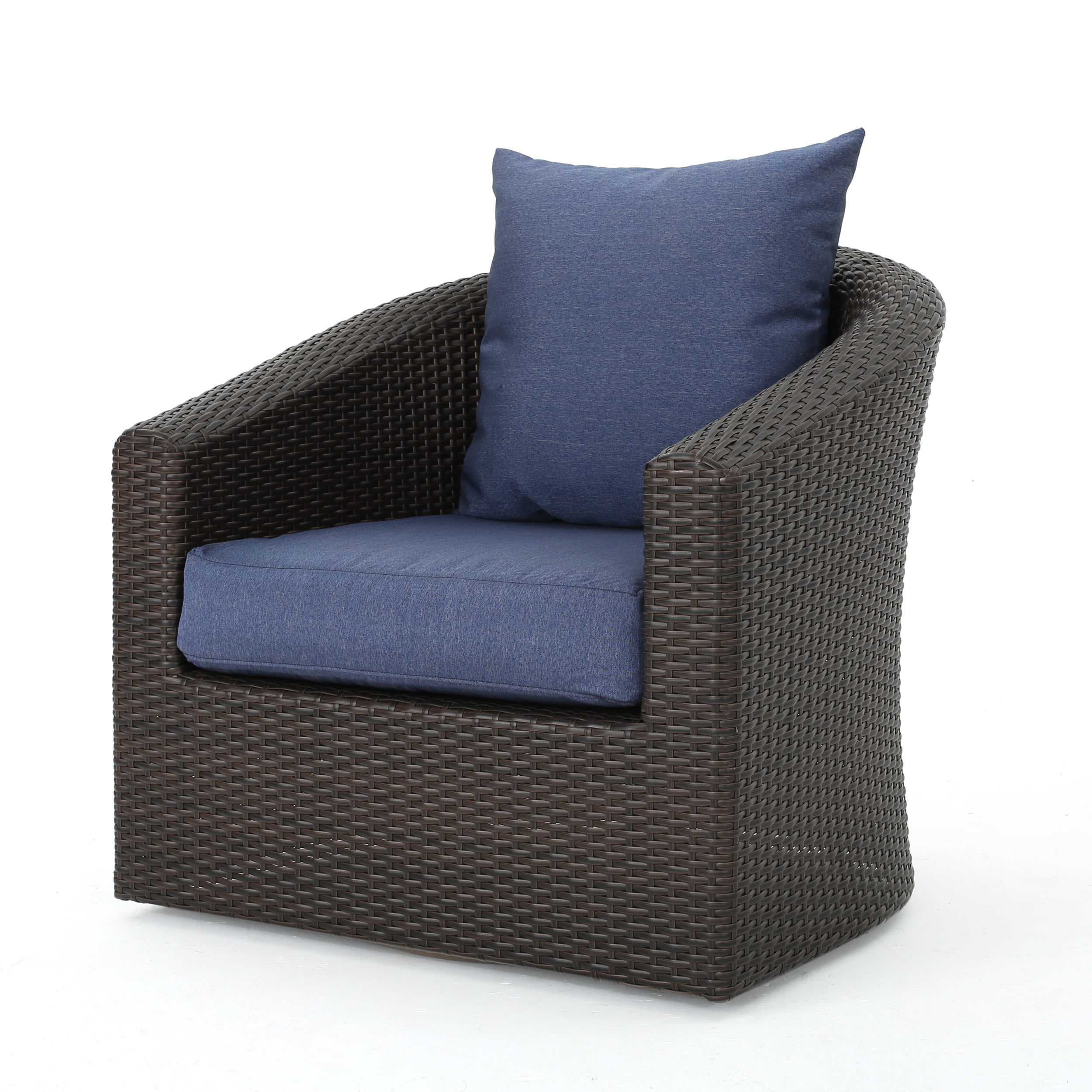 Dillard Outdoor Aluminum Framed Wicker Swivel Club Chair With Water Resistant Cushions Multibrown And Navy Blue